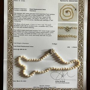 14k wht gold white Akoya pearl 16” choker necklace w/flower clasp, appraised